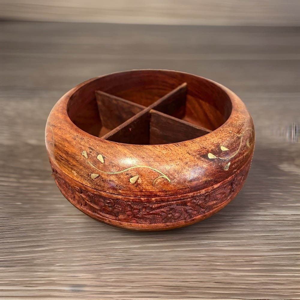 Round Carved Wood Floral Trinket Box w/ Lid Divided Compartments 6in India